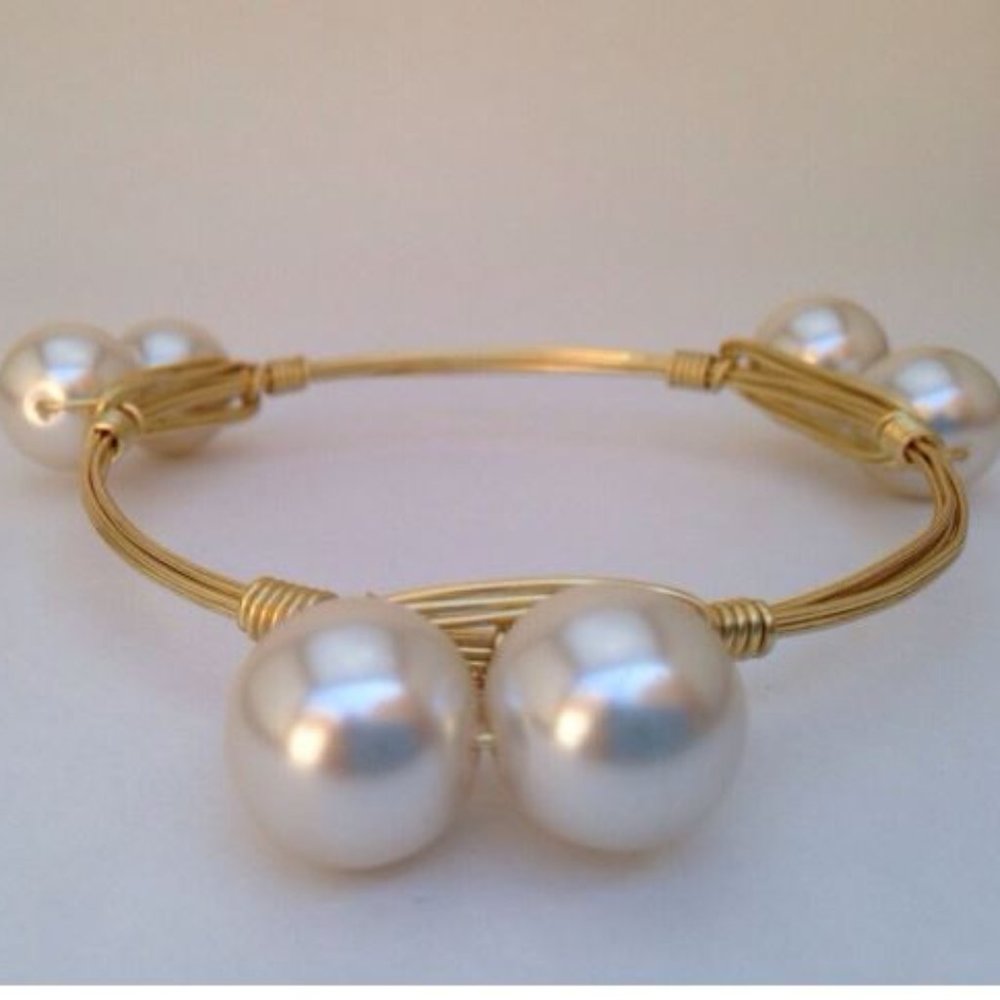 Double Pearl Wire Wrapped Gold Bangle Bracelet - Picture 3 of 6